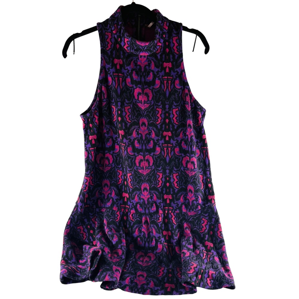 Free People Purple Pink Damask Jacquard Mock Neck Drop Waist Mini Dress Large
